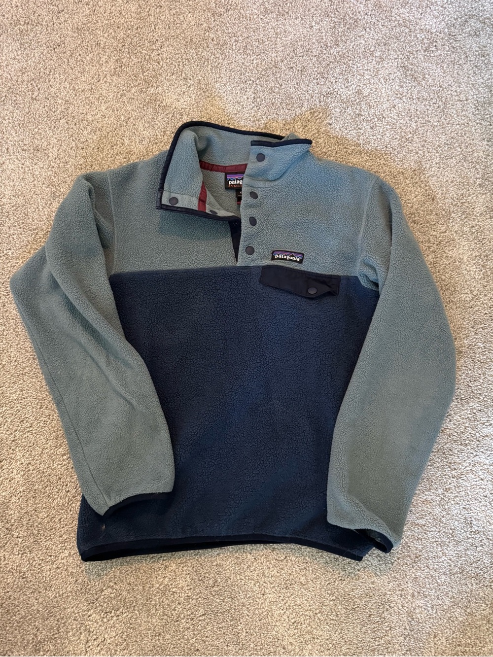 Patagonia Synchilla Fleece Pullover - Light Blue & Burgundy Trim